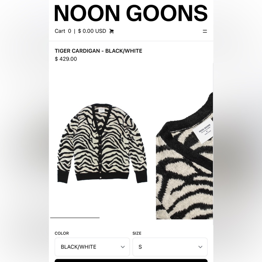 Noon Goons Los Angeles Tiger Cardigan - Black & White Sweater Small Avant Garde